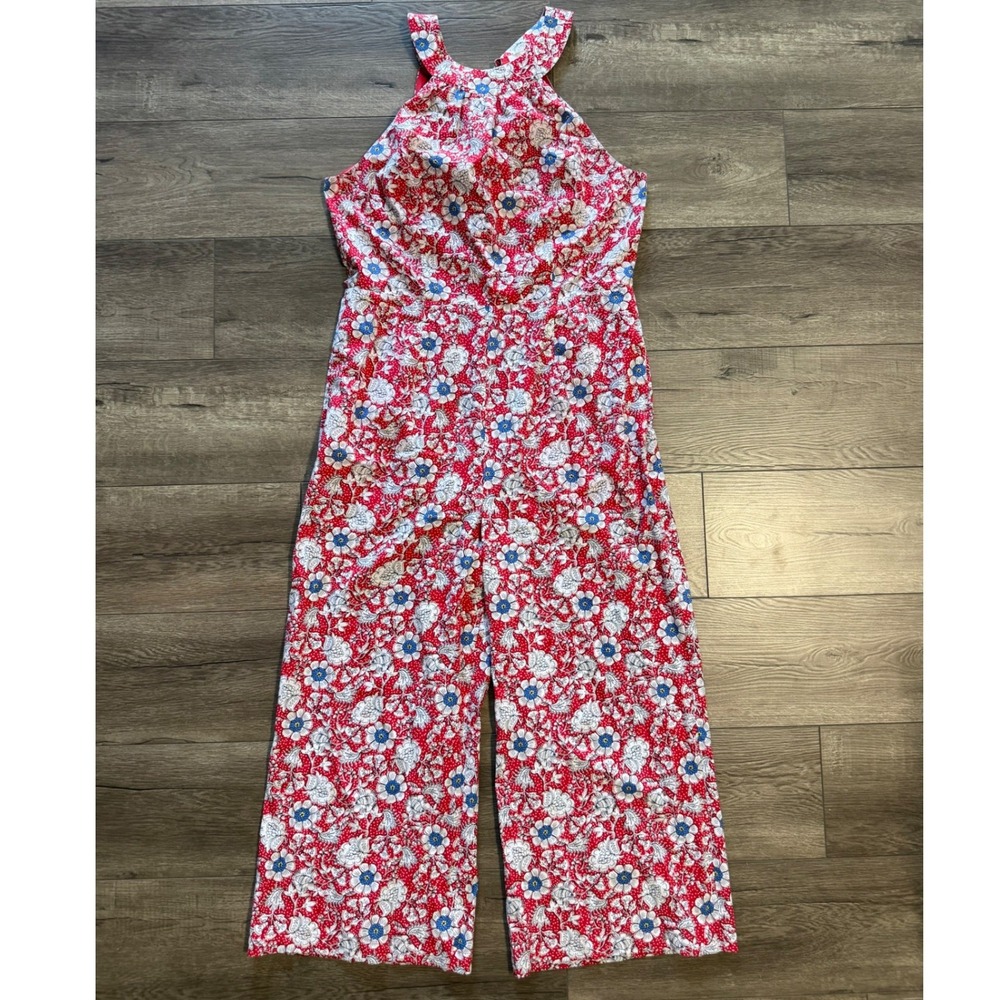 LOFT Outlet Red Floral Halter Neck Wide Leg Jumpsuit Tie Back Womens 14